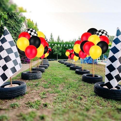  Sumind 121 Pieces Balloon Garland Race Car Birthday Party Supplies Cars Theme Birthday Party Decorations Race Car Balloons Checkered Foil Balloons for Racing Car Birthday Decoration