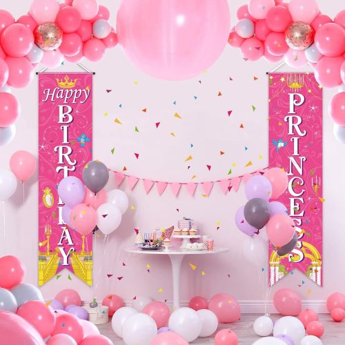  Sumind Princess Birthday Decorations Royal Check Flag Event Banner Princess Backdrop Porch Sign Welcome for Girl Birthday Theme Party Mardi Gras Parade Decoration Pink