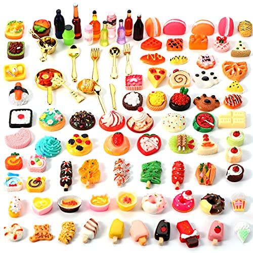  Sumind 100 Pieces Miniature Food Drinks Toys Mixed Pretend Foods for Dollhouse Kitchen Play Resin Mini Food for Adults Teenagers Doll House (Kebab, Ice Cream, Cake, Bread)