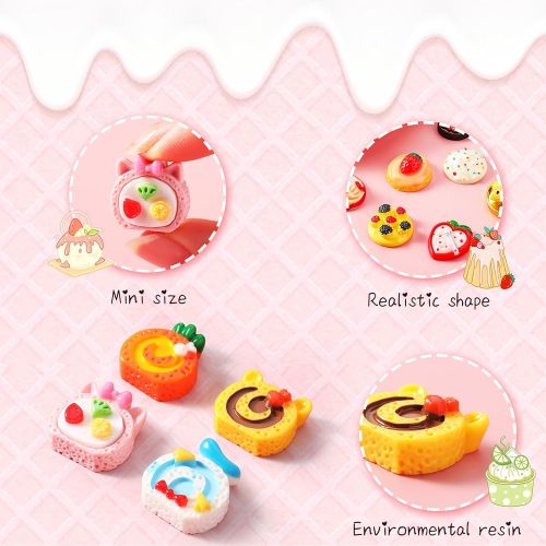  Sumind 100 Pieces Miniature Food Drinks Toys Mixed Pretend Foods for Dollhouse Kitchen Play Resin Mini Food for Adults Teenagers Doll House (Kebab, Ice Cream, Cake, Bread)