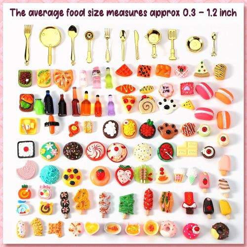  Sumind 100 Pieces Miniature Food Drinks Toys Mixed Pretend Foods for Dollhouse Kitchen Play Resin Mini Food for Adults Teenagers Doll House (Kebab, Ice Cream, Cake, Bread)