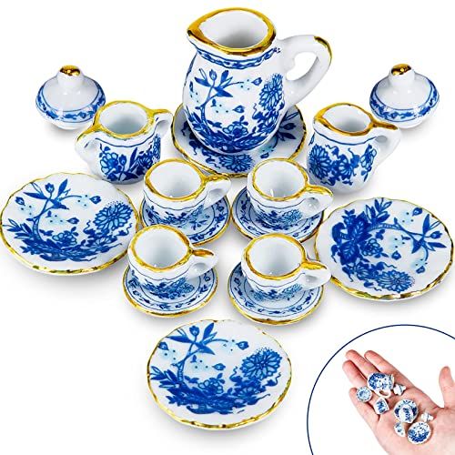  Sumind 15 Pieces Miniature Porcelain Tea Cup Set Kitchen Miniature Porcelain Set Mini Flower Pattern Teapot Cup Plates Set Dollhouse Kitchen Accessories Set (Classic Floral Style)