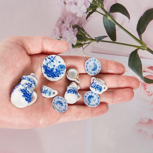  Sumind 15 Pieces Miniature Porcelain Tea Cup Set Kitchen Miniature Porcelain Set Mini Flower Pattern Teapot Cup Plates Set Dollhouse Kitchen Accessories Set (Classic Floral Style)