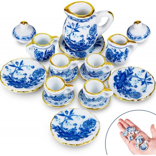  Sumind 15 Pieces Miniature Porcelain Tea Cup Set Kitchen Miniature Porcelain Set Mini Flower Pattern Teapot Cup Plates Set Dollhouse Kitchen Accessories Set (Classic Floral Style)