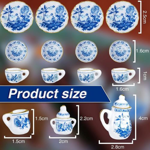  Sumind 15 Pieces Miniature Porcelain Tea Cup Set Kitchen Miniature Porcelain Set Mini Flower Pattern Teapot Cup Plates Set Dollhouse Kitchen Accessories Set (Classic Floral Style)