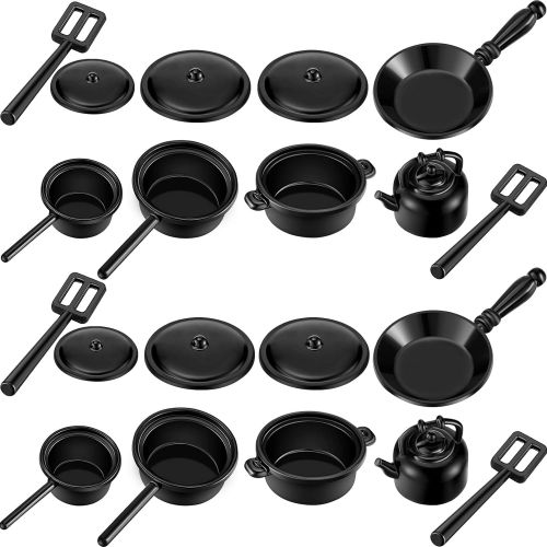  Sumind 20 Pieces Dollhouse Miniature Metal Pots and Pans Miniature Stovetop Cookware Mini Dollhouse Kitchen Cookware Dollhouse Decoration Accessories Party Supplies for Pretend Play, Blac