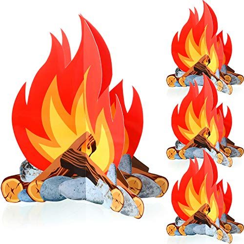  Sumind 4 Set 3D Decorative Cardboard Campfire Centerpiece, Artificial Fire Fake Flame Paper for Campfire Party Decorations (12 Inches)