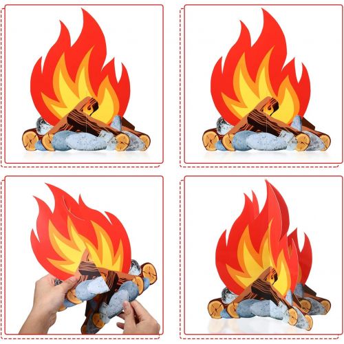  Sumind 4 Set 3D Decorative Cardboard Campfire Centerpiece, Artificial Fire Fake Flame Paper for Campfire Party Decorations (12 Inches)