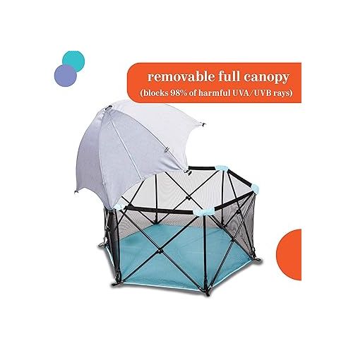 썸머인펀트 Summer Infant Pop ‘N Play Deluxe Ultimate Playard, Aqua Splash - Full Coverage Indoor/Outdoor Portable Play Pen with Fast, Easy and Compact Fold