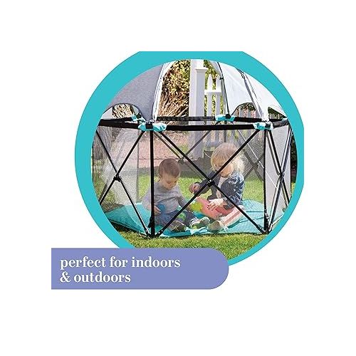 썸머인펀트 Summer Infant Pop ‘N Play Deluxe Ultimate Playard, Aqua Splash - Full Coverage Indoor/Outdoor Portable Play Pen with Fast, Easy and Compact Fold