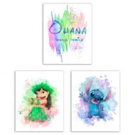 Summit Designs Lilo and Stitch Watercolor Art Prints  Set of 3 (8x10) Photos - Ohana Means Family