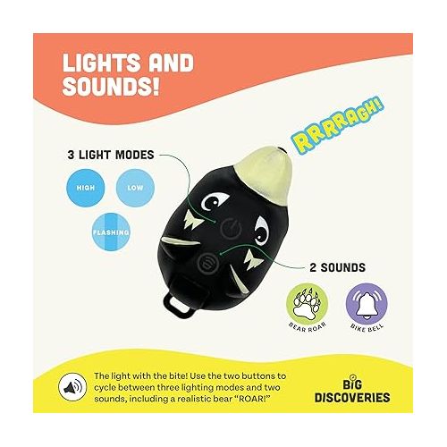  Big Discoveries Bear Bike Light - Kids Bicycle and Scooter LED Light with Realistic Roar and Bell Sound Effects | Fun Light and Horn Accessory for Boys, Girls, and Adults
