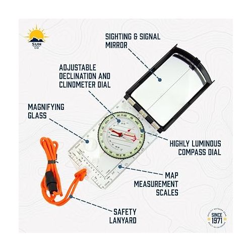  Sun Company ProSight Sighting Map Compass with Adjustable Declination - Lightweight Orienteering Baseplate Compass for Hiking, Backpacking, and Survival Navigation | Professional Grade Compass