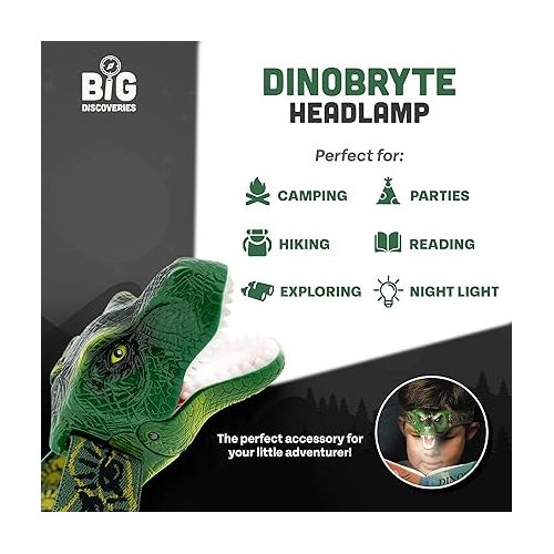  Big Discoveries Original DinoBryte LED Headlamp Roaring T-Rex Dinosaur Head Lamp for Kids | Dino Toy Headlight Flashlight for Boys, Girls, or Adults