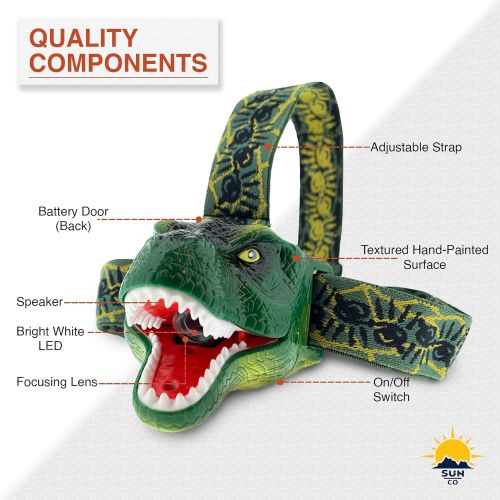  Sun Company The Original DinoBryte LED Headlamp - T-Rex Dinosaur Headlamp for Kids Dinosaur Toy Head Lamp Flashlight for Boys, Girls, or Adults Perfect for Camping, Hiking, Reading, and Partie