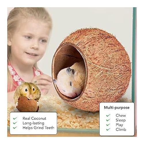  SunGrow Coconut Shell House for Gecko, Snake & Ball Python, Raw Coco Husk, Pet Hiding House, Climber or Chew Toy, for Reptiles, Amphibians (Coco Bowl)