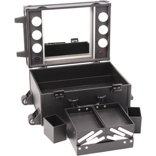  SunRise SUNRISE Makeup Case with Lights, Mirror and Wheels C6201, Faux Leather, 4 Trays, 2 Brush Holders, Locking, Black