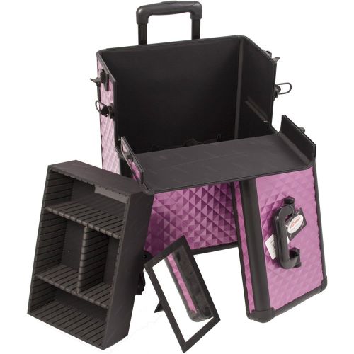  SunRise SUNRISE Makeup Case on Wheels 2 in 1 I3561 Hair Stylist Professional, 3 Trays and 1 Removable Tray, Locking with 2 Mirrors, Brush Holder and Shoulder Strap, Purple Diamond