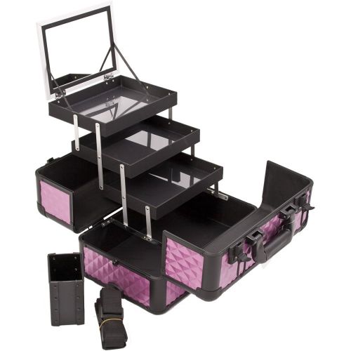  SunRise SUNRISE Makeup Case on Wheels 2 in 1 I3561 Hair Stylist Professional, 3 Trays and 1 Removable Tray, Locking with 2 Mirrors, Brush Holder and Shoulder Strap, Purple Diamond