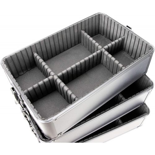  SunRise Sunrise I3364PPAB Black Matte 3 Tiers Accordion Trays Professional Rolling Aluminum Cosmetic Makeup Craft Storage Organizer Case and Stackable Trays with Dividers