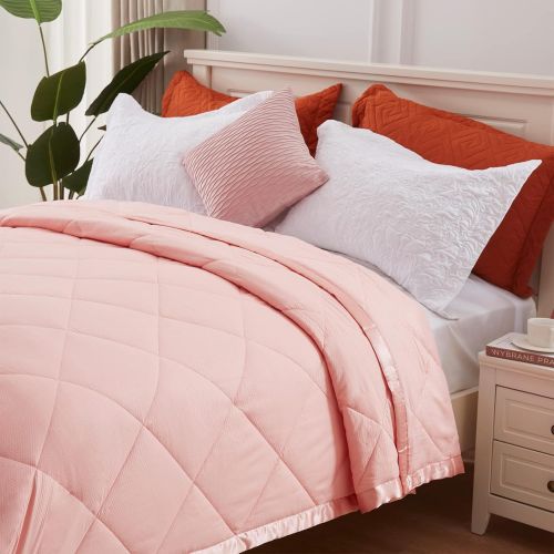  [아마존베스트]SunStyle Home Down Alternative Blanket with Satin Trim, Lightweight Comforter Soft Thin Quilted Blanket for All Seasons (Twin, Blush Pink)