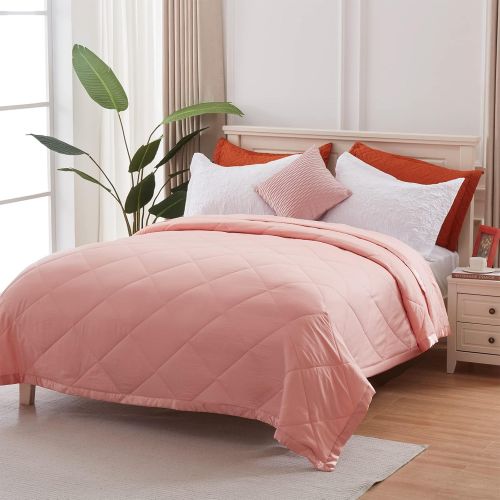  [아마존베스트]SunStyle Home Down Alternative Blanket with Satin Trim, Lightweight Comforter Soft Thin Quilted Blanket for All Seasons (Twin, Blush Pink)