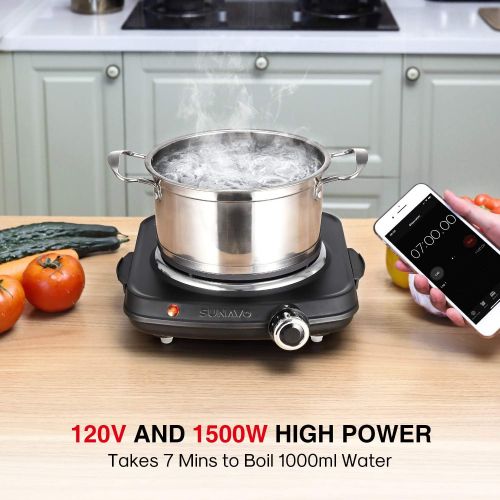  [아마존베스트]SUNAVO 1500W Hot Plates for Cooking, Electric Single Burner with Handles, 6 Power Levels Stainless Steel Hot Plate for Kitchen Camping RV and More Black