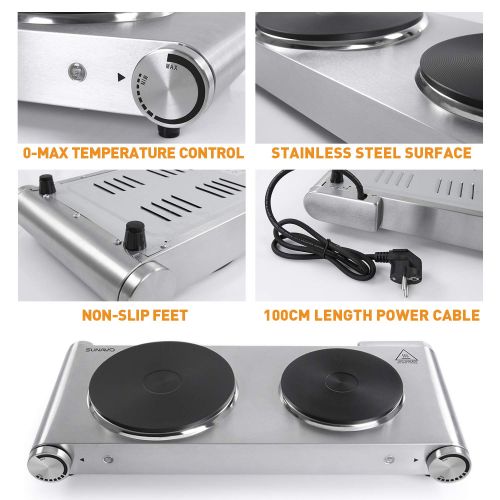  Sunavo SUNAVO HP-06 Portable Electric Hot Plate hob Cooktop for Cooking, Double Electric Hotplate Burner 1800W Variable Temperature Controllers,Table Top Hot Plate Stainless Steel Scratch