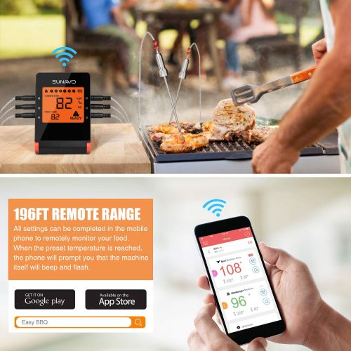  Sunavo SUNAVO Bluetooth Meat Thermometer for Grilling MT-27, APP Controlled Remote BBQ Turkey Smoker Thermometer, Wireless Digital Cooking Thermometer with 6 Probe Port,Support iOS & Andr