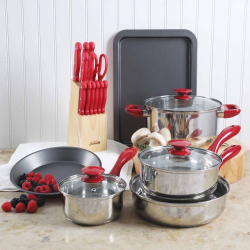  Sunbeam Crawford Cookware Combo Set in Red, Set of 22