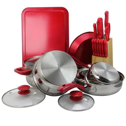  Sunbeam Crawford Cookware Combo Set in Red, Set of 22