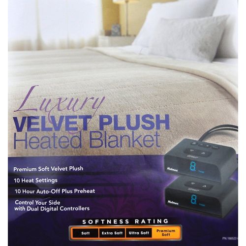  Holmes Sunbeam - King Size Heated Blanket - Luxurious Velvet Plush with 2 Digital Controllers 10 Heat Settings 5yr Warranty - Brown