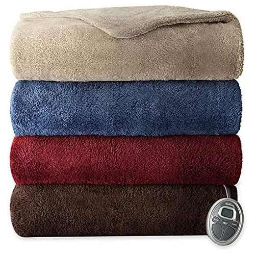  Sunbeam Luxurious Premium Plush King Electric Heated Blanket, Auto Shut-Off, 20 Heat Settings,Two Controllers, King (Beige)