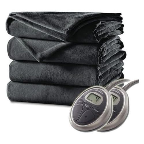  Sunbeam Luxurious Premium Plush Electric Heated Blanket, Auto Shut-off, 20 Heat Settings,Two Controllers, Machine Washable, QUEEN (Charcoal Gray)