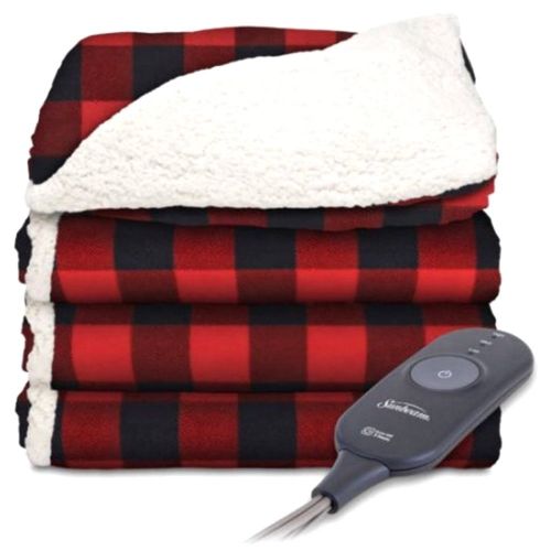  Sunbeam Electric Throw - Reversible Imperial Plush with Sherpa - Premium Sherpa and Ultra Soft with 3 Heat Settings and 3 Hour Auto-off, Plaid Red and Black on White Sherpa, 50 x 6