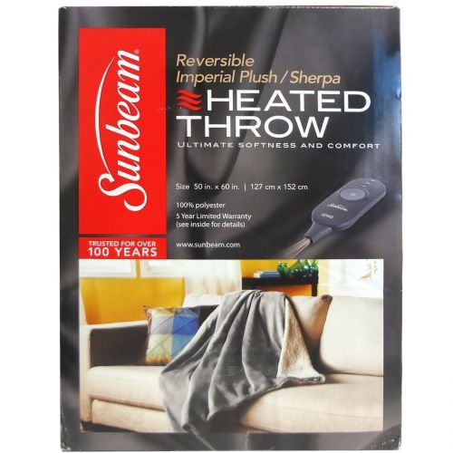  Sunbeam Electric Throw - Reversible Imperial Plush with Sherpa - Premium Sherpa and Ultra Soft with 3 Heat Settings and 3 Hour Auto-off, Plaid Red and Black on White Sherpa, 50 x 6