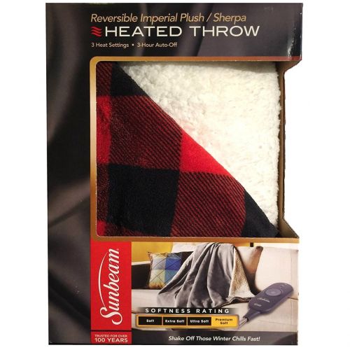  Sunbeam Electric Throw - Reversible Imperial Plush with Sherpa - Premium Sherpa and Ultra Soft with 3 Heat Settings and 3 Hour Auto-off, Plaid Red and Black on White Sherpa, 50 x 6