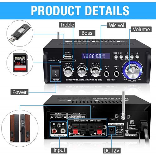 Sunbuck Wireless Bluetooth Stereo Amplifier System ? 110V 180W Dual Channel Sound Power Audio Receiver w/USB, SD Card, FM Radio for Home Speakers (AS-29BU)