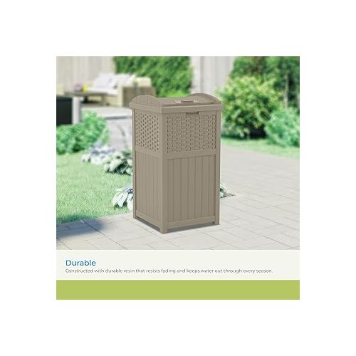  Suncast 33 Gallon Hideaway Trash Can for Patio - Resin Outdoor Trash with Lid - Use in Backyard, Deck, or Patio - Dark Taupe