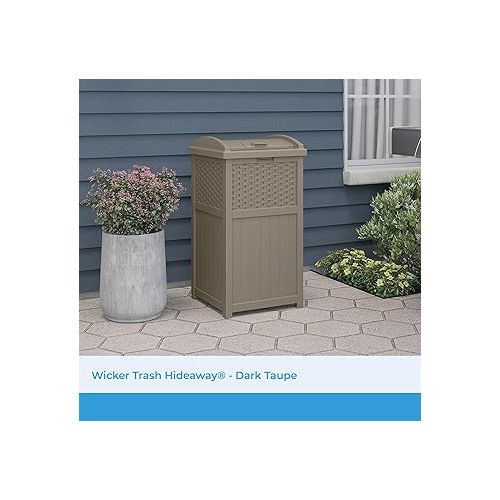  Suncast 33 Gallon Hideaway Trash Can for Patio - Resin Outdoor Trash with Lid - Use in Backyard, Deck, or Patio - Dark Taupe