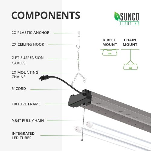 Sunco Lighting 10 Pack Industrial LED Shop Light, 4 FT, Linkable Integrated Fixture, 40W=260W, 5000K Daylight, 4000 LM, Surface + Suspension Mount, Pull Chain, Utility Light, Garag