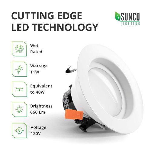  Sunco Lighting 10 Pack 4 Inch LED Recessed Downlight, Smooth Trim, Dimmable, 11W=40W, 4000K Cool White, 660 LM, Damp Rated, Simple Retrofit Installation - UL + Energy Star