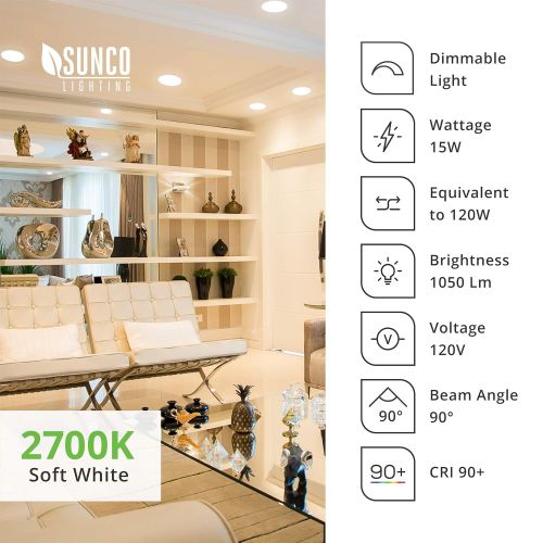  Sunco Lighting 24 Pack 5 Inch / 6 Inch Flush Mount Disk LED Downlight, 15W=100W, 2700K Soft White, 1050LM, Dimmable, Hardwire 4/6 Junction Box, Recessed Retrofit Ceiling Fixture