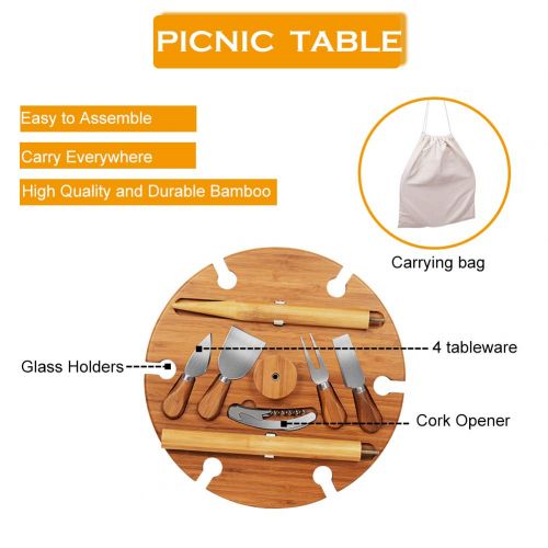  Sundale Outdoor Wine Picnic Table for Camping Beach Dining Use Low Portable Table, Bamboo with Cutlery Set