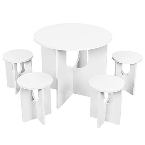  Sundale Outdoor Sundale Indoor Childrens Table and Chair Set One Table Four Stools Space Saving Bistro Set Perfect for Kids Conversation, Gaming, Meals, 5 Piece Set, Easy Assembly, White