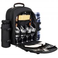 Sunflora Picnic Backpack for 4 Person Set Pack with Stainless Steel Flatwares and Insulated Waterproof Pouch for Family Outdoor Camping (Black)