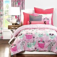 Sunflower 3 Piece Owl Comforter Full/Queen Set Girls Owls Bedding Teal Pink Kids Medallion Boho Chic Modern Trendy Floral Motif Themed Pattern Grey Blue, Microfiber