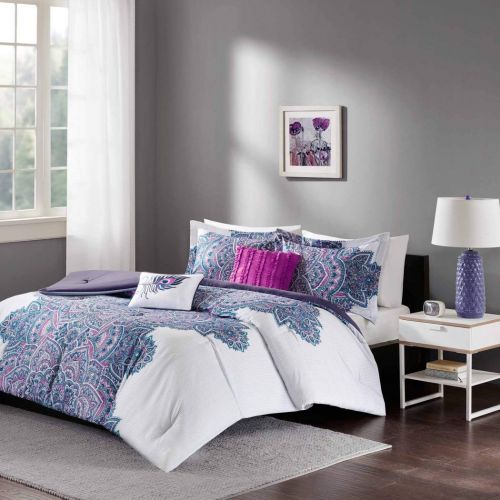  Sunflower DOS 5pc Girls Medallion Floral Comforter Full Queen Set, Abstract Geometric Flowers Pattern, Mandala Motif Bedding, Pretty Flower Bohemian Boho Chic Themed, White Blue Purple