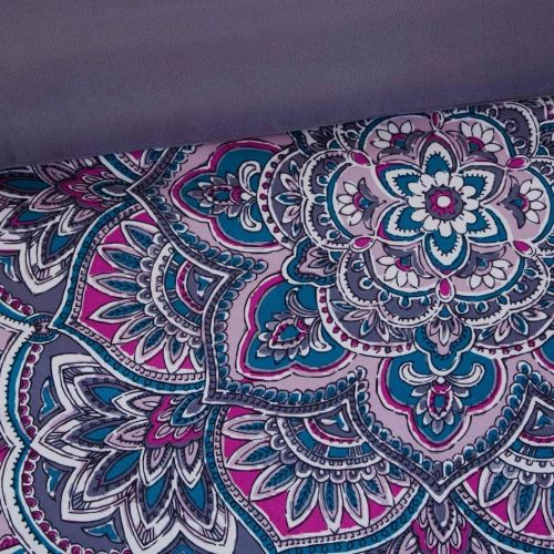  Sunflower DOS 5pc Girls Medallion Floral Comforter Full Queen Set, Abstract Geometric Flowers Pattern, Mandala Motif Bedding, Pretty Flower Bohemian Boho Chic Themed, White Blue Purple