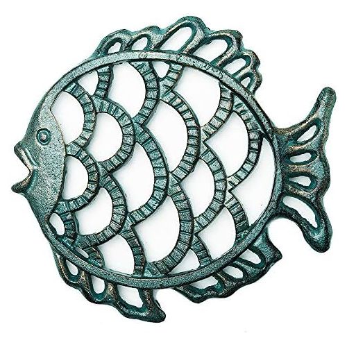  Sungmor Cast Iron Cute Fish Trivet for Wood Stove - Dia-7.5 Inch Dark Green Finish - Rustproof Round Stands for Hot Pots/Dishes/Pans - Decorative Metal Table Trivet for Kitchen Coo